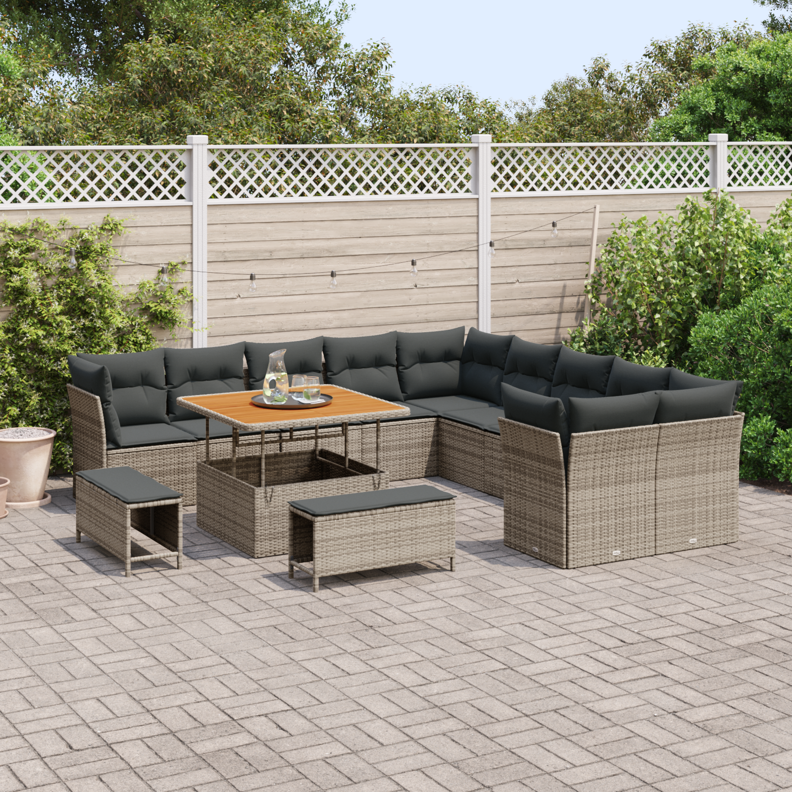 Set Divano da Giardino da 13 Pezzi con Cuscini Grigio Polyrattan Acacia