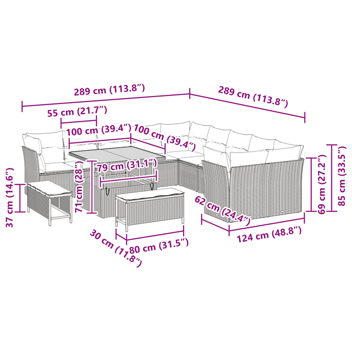 Set Divano da Giardino da 13 Pezzi con Cuscini Grigio Polyrattan Acacia