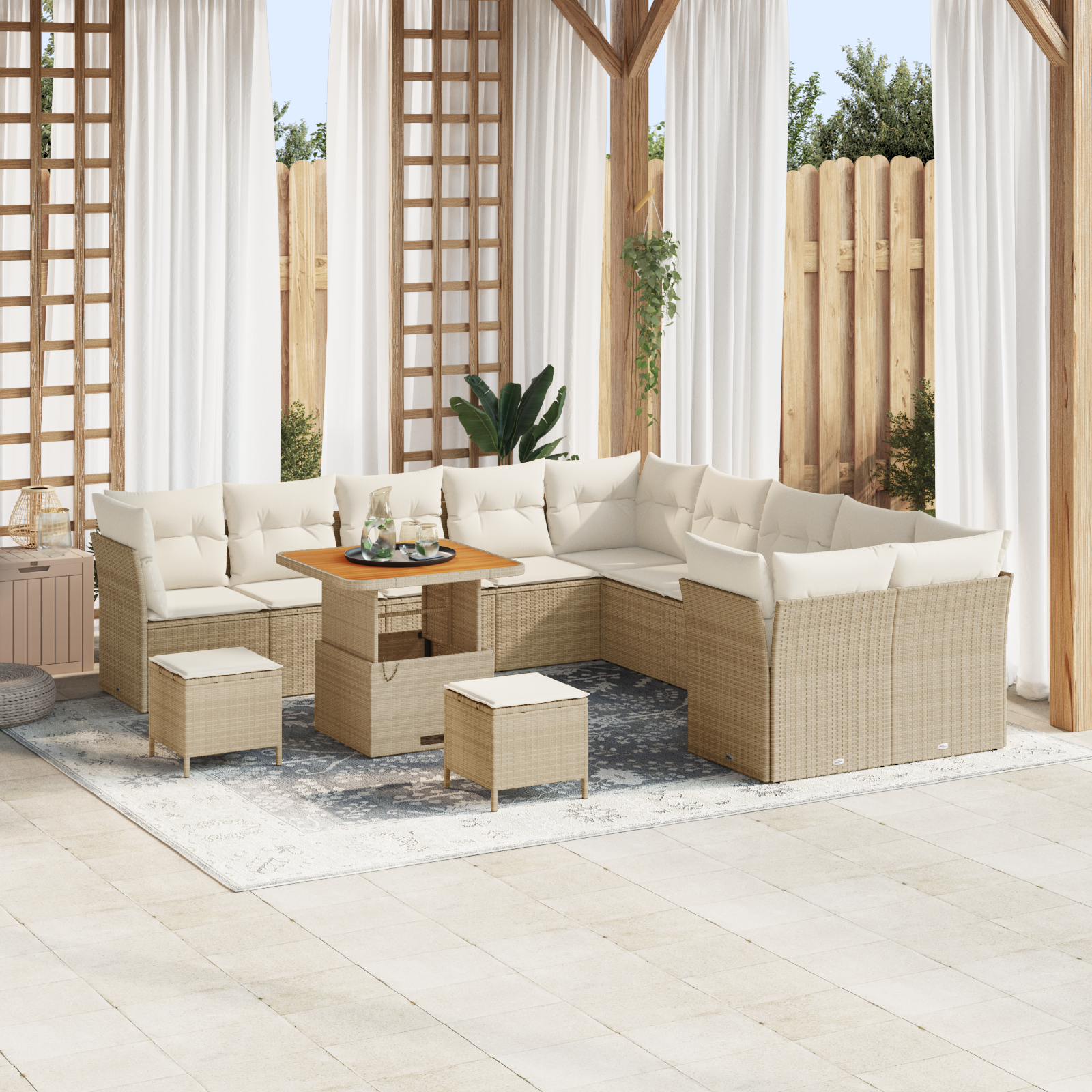 Set Divano da Giardino da 13 Pezzi con Cuscini Beige Polyrattan Acacia