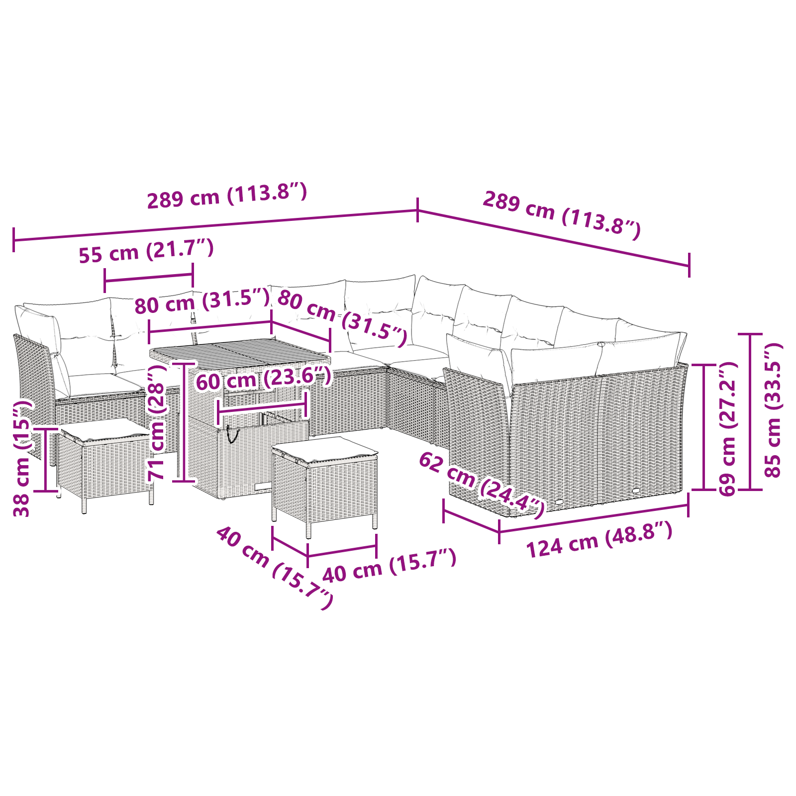 Set Divano da Giardino da 13 Pezzi con Cuscini Beige Polyrattan Acacia