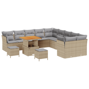 Set Divano da Giardino 13 Pezzi con Cuscini Beige Polyrattan Acacia