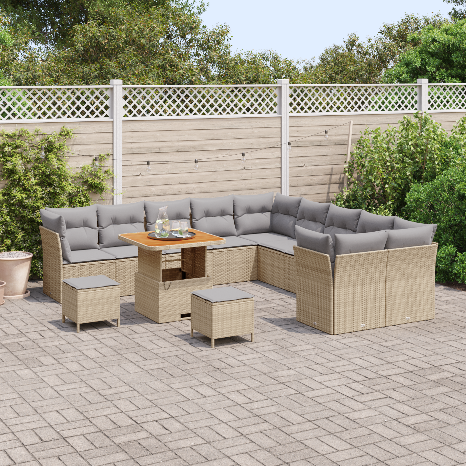 Set Divano da Giardino 13 Pezzi con Cuscini Beige Polyrattan Acacia