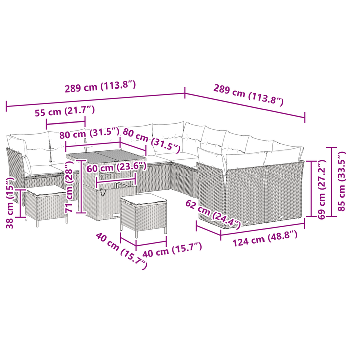 Set Divano da Giardino 13 Pezzi con Cuscini Beige Polyrattan Acacia