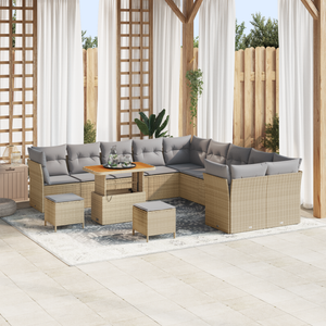 Set Divano da Giardino  13 Pezzi con Cuscini Beige Polyrattan Acacia