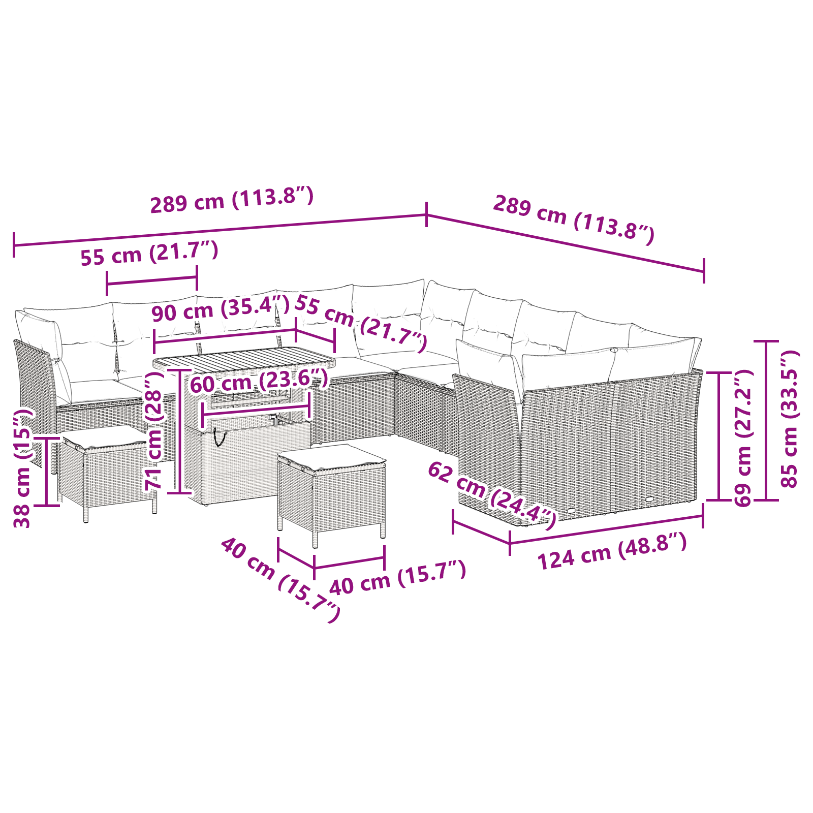 Set di Divani da Giardino  13 Pezzi con Cuscini Grigi in Rattan Sintetico