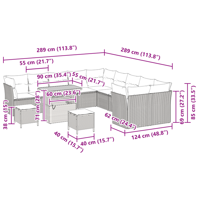 Set di Divani da Giardino  13 Pezzi con Cuscini Grigi in Rattan Sintetico