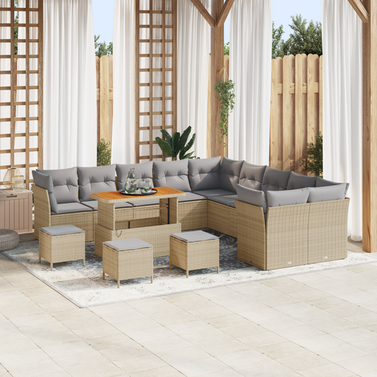 Set divani giardino  di 14 pezzi con cuscini Beige Polirattan Acacia