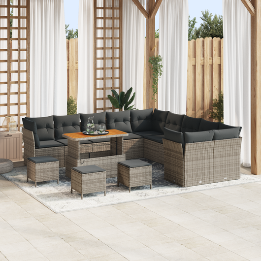 Set di Sofa da Giardino  14 Pezzi con Cuscini Grigio Polyrattan Acacia
