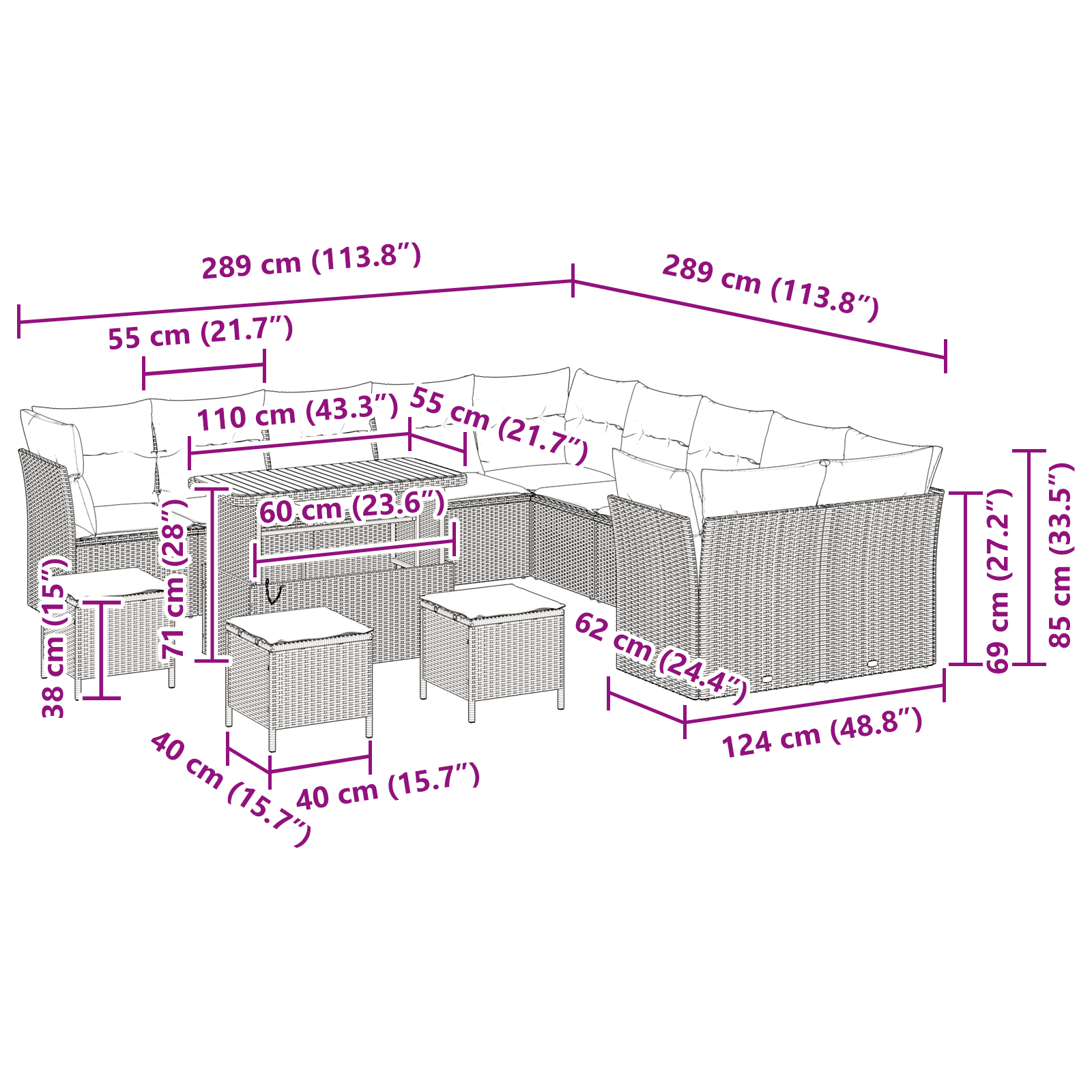 Set di Sofa da Giardino  14 Pezzi con Cuscini Grigio Polyrattan Acacia