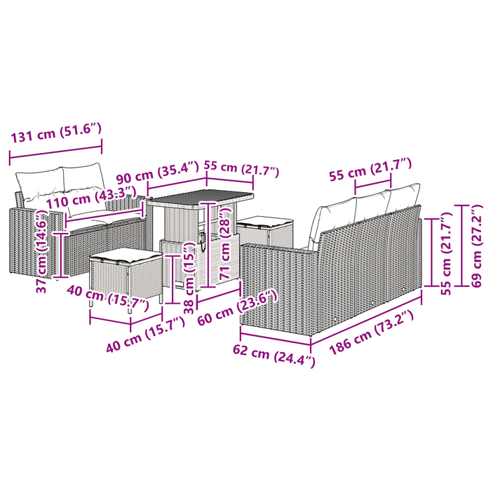 Set divano da giardino 8 pezzi con cuscini grigio rattan polietilene acacia