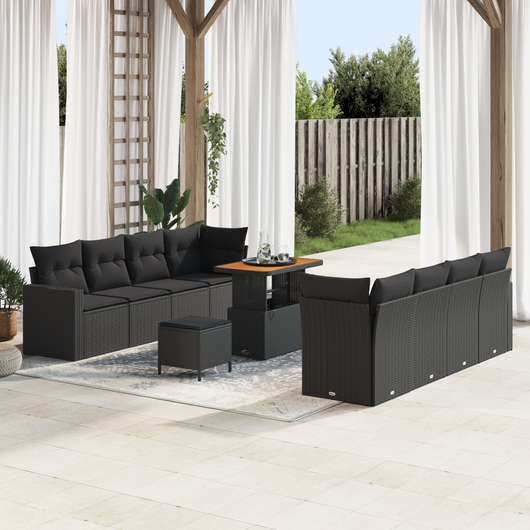 Set di Divani da Giardino vitaXL da 11 Pezzi con Cuscini Nero Polyrattan Acacia