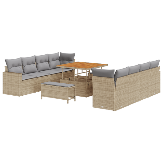 Set di Divano da Giardino 11 Pezzi con Cuscini Beige Polyrattan Acacia