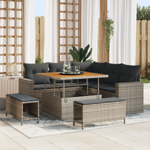 Set Divano da Giardino 8 Pezzi con Cuscini Grigio Polyrattan Acacia