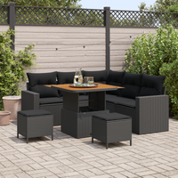 Set di 8 pezzi di divani da giardino con cuscini in polirattan nero acacia