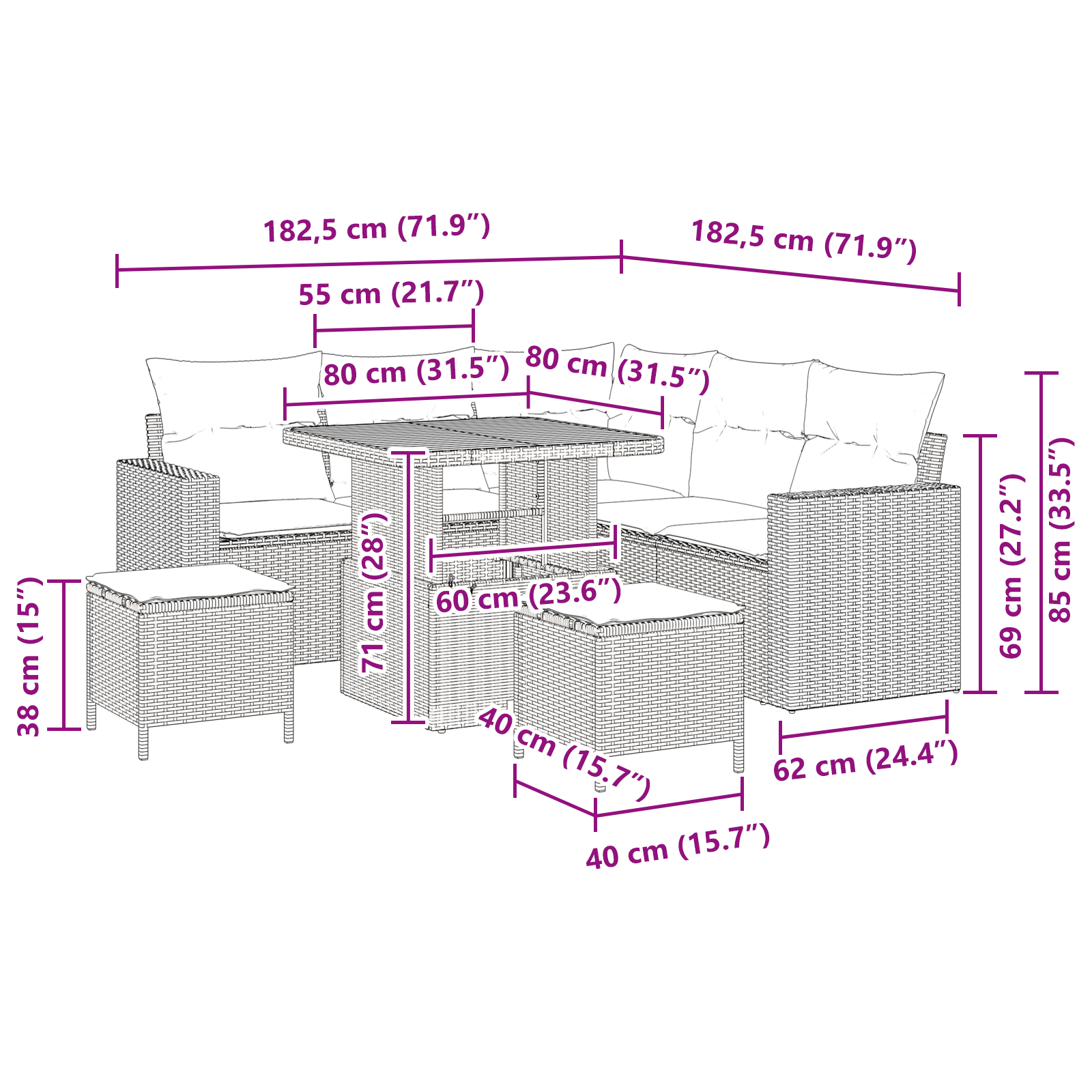 Set di 8 pezzi di divani da giardino con cuscini in polirattan nero acacia