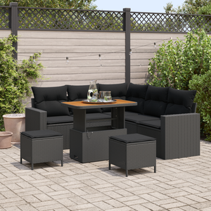 Set divano da giardino 8 pezzi con cuscini in rattan poligonale nero e acacia