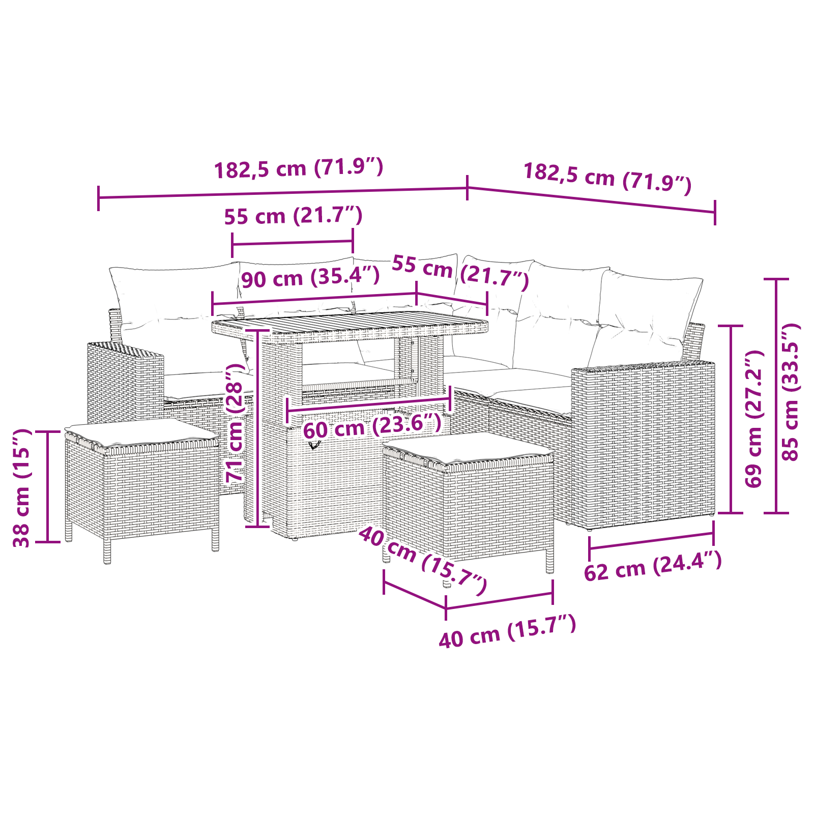 Set divano da giardino 8 pezzi con cuscini in rattan poligonale nero e acacia