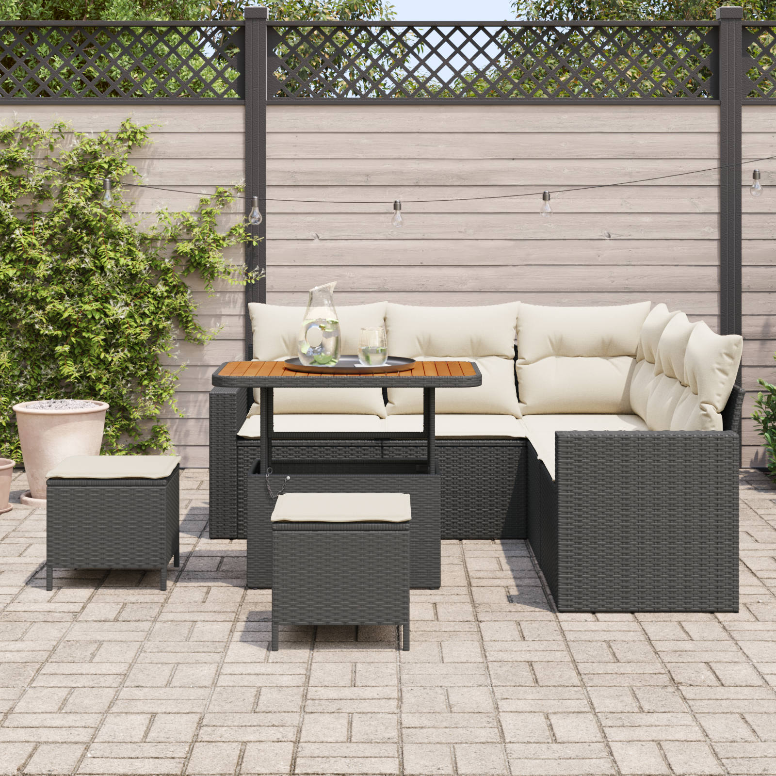 Set di divano da giardino 8 pezzi con cuscini Polyrattan nero e acacia