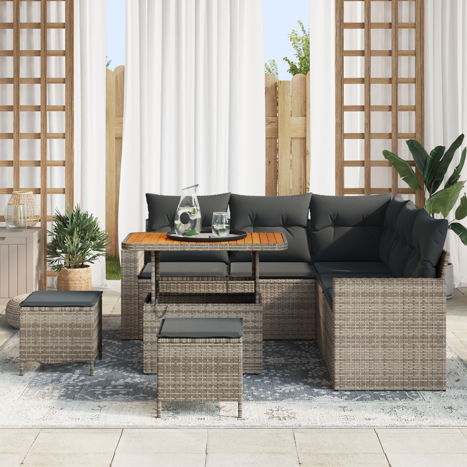 Set Divano da Giardino 8 Pezzi con Cuscini Grigio Polyrattan Acacia
