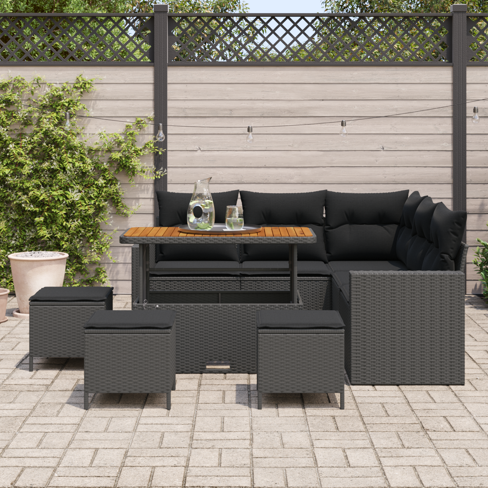 Set divani giardino  da 9 pezzi con cuscini in rattan nero e acacia