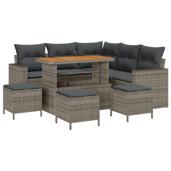 Set Divano da Giardino 9 Pezzi con Cuscini Grigio Polyrattan Acacia