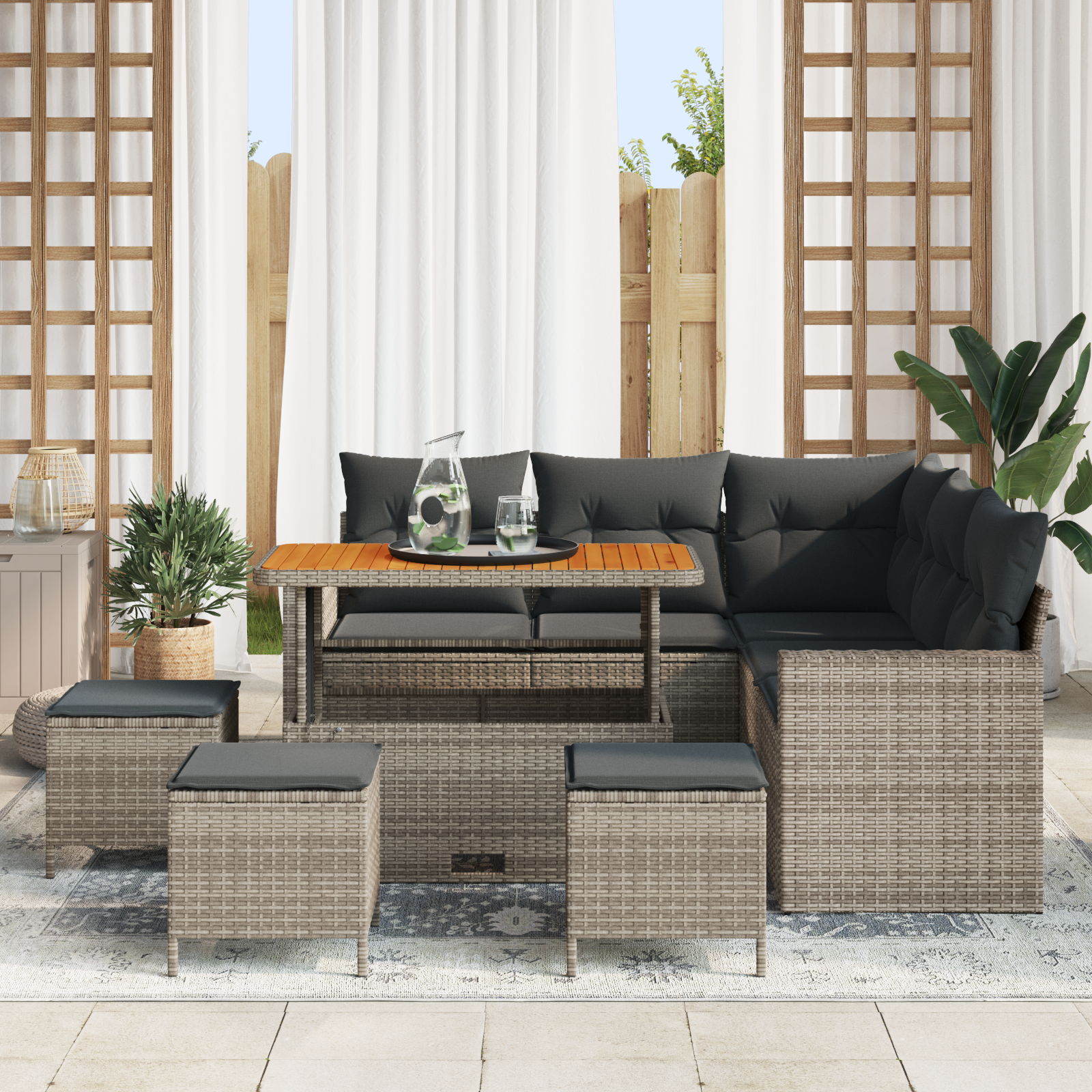 Set Divano da Giardino 9 Pezzi con Cuscini Grigio Polyrattan Acacia