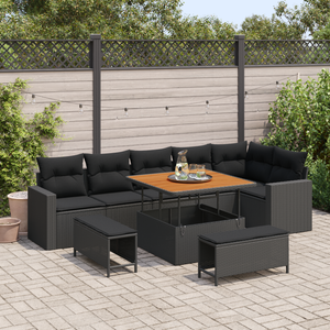 Set di Divani da Giardino 9 Pezzi con Cuscini Nero Polyrattan Acacia