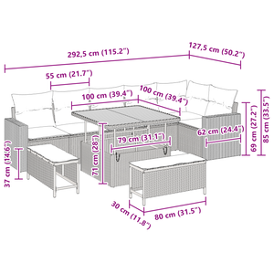 Set divani da giardino  9 pezzi con cuscini Beige Polirattan Acacia