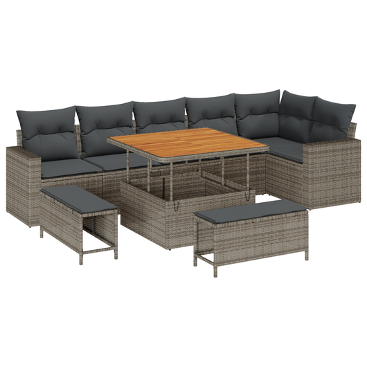 Set di Sofà da Giardino  9 Pezzi con Cuscini Grigio Polyrattan Acacia