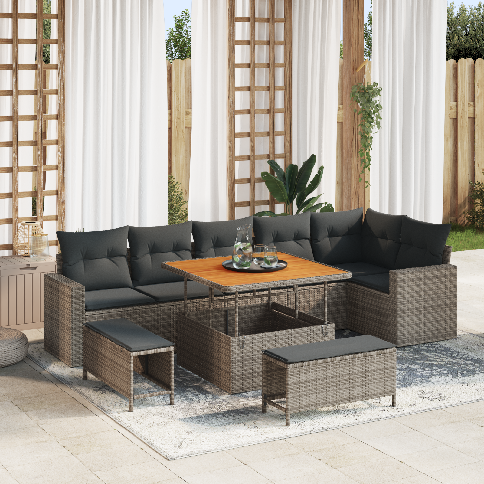 Set di Sofà da Giardino  9 Pezzi con Cuscini Grigio Polyrattan Acacia