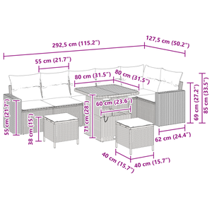 Set di Divani da Giardino 9 Pezzi con Cuscini Nero Polyrattan Acacia