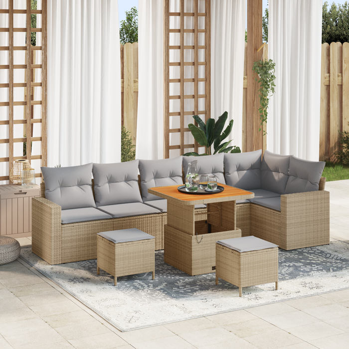 Set di Divani da Giardino  9 Pezzi con Cuscini Beige Rattan Polimerico Acacia