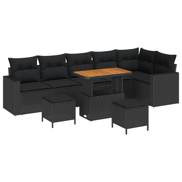 Set Divano Giardino 9 Pezzi con Cuscini - Polyrattan Nero e Acacia.