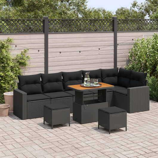 Set Divano Giardino 9 Pezzi con Cuscini - Polyrattan Nero e Acacia.