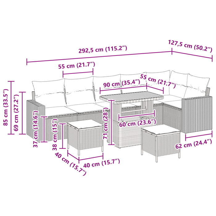 Set Divano Giardino 9 Pezzi con Cuscini - Polyrattan Nero e Acacia.