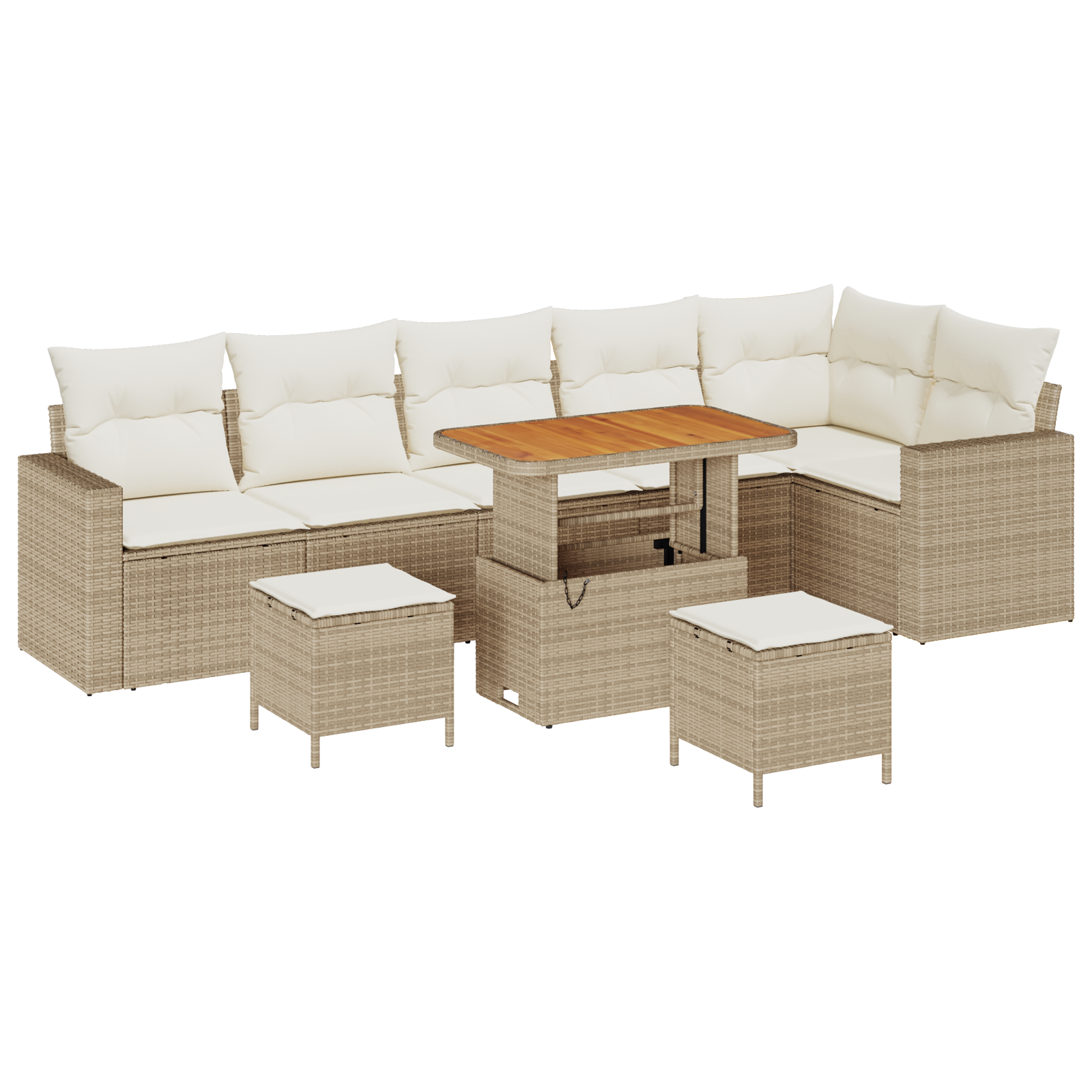 Set Divano da Giardino 9 Pezzi con Cuscini Beige Polyrattan Acacia