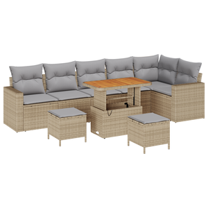 Set Divano da Giardino 9 Pezzi con Cuscini Beige Polirattan Acacia