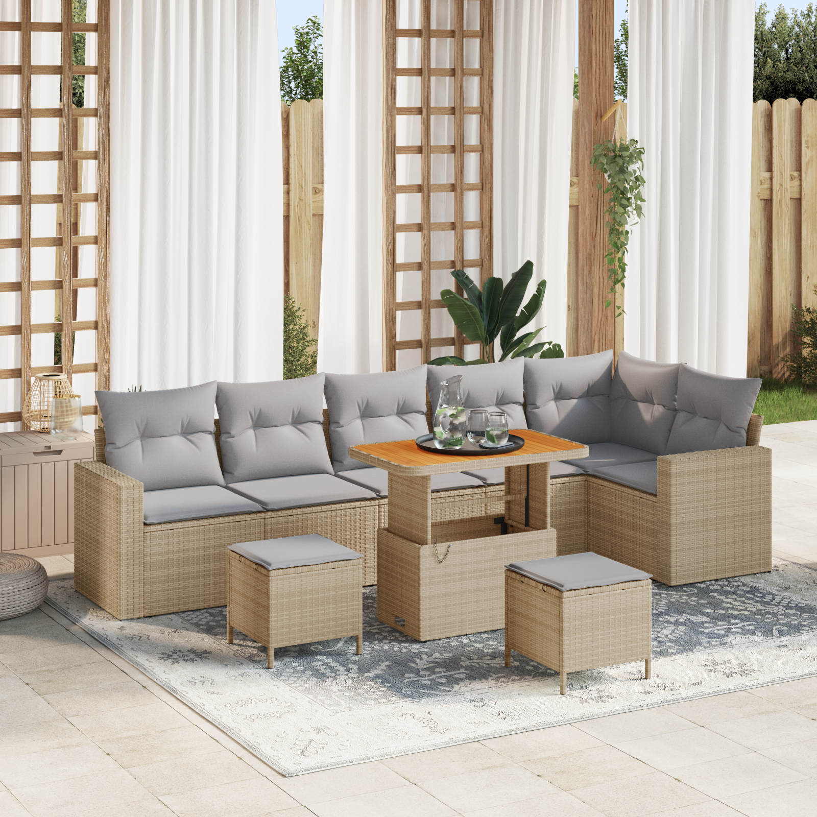 Set Divano da Giardino 9 Pezzi con Cuscini Beige Polirattan Acacia