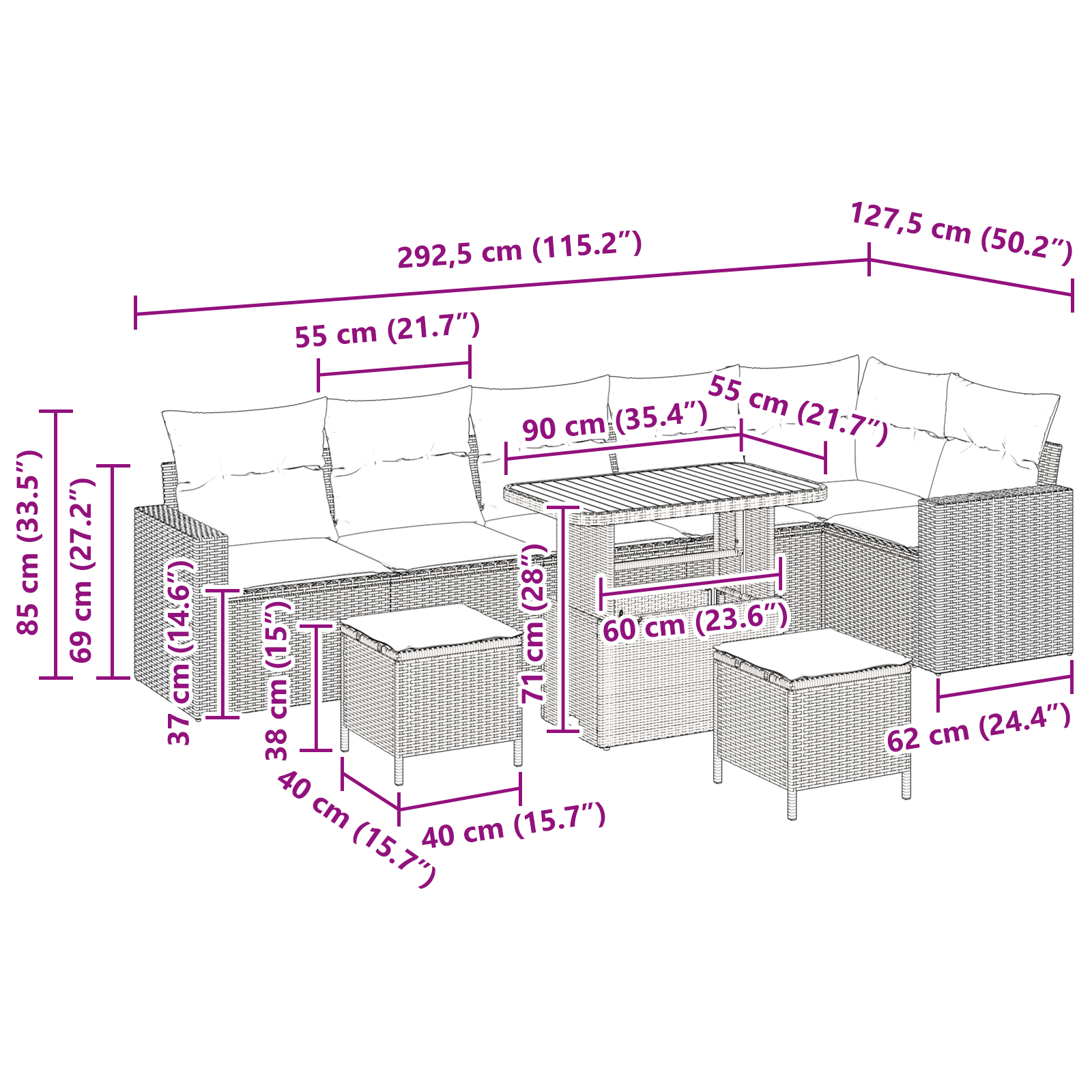 Set Divano da Giardino 9 Pezzi con Cuscini Beige Polirattan Acacia