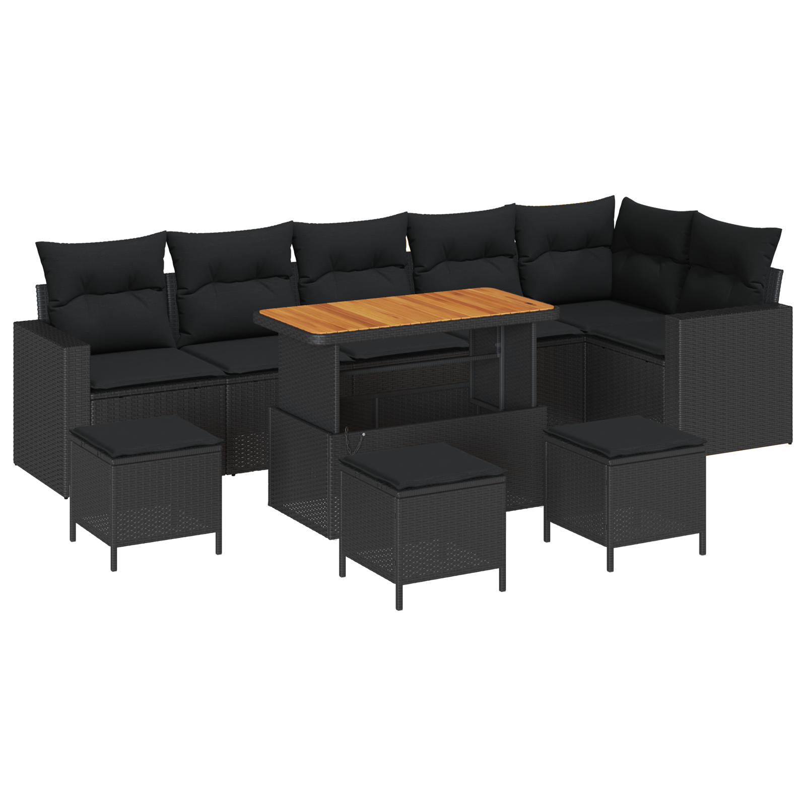 Set Divano da Giardino 10 Pezzi con Cuscini Nero Polyrattan Acacia