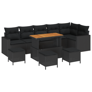 Set Divano da Giardino 10 Pezzi con Cuscini Nero Polyrattan Acacia