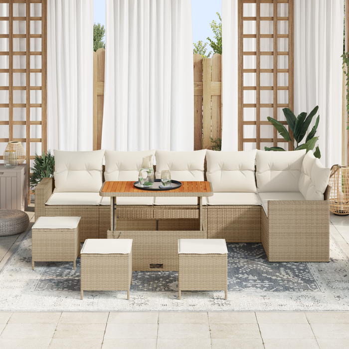 Set Divano Giardino 10 Pezzi con Cuscini Beige Polyrattan Acacia