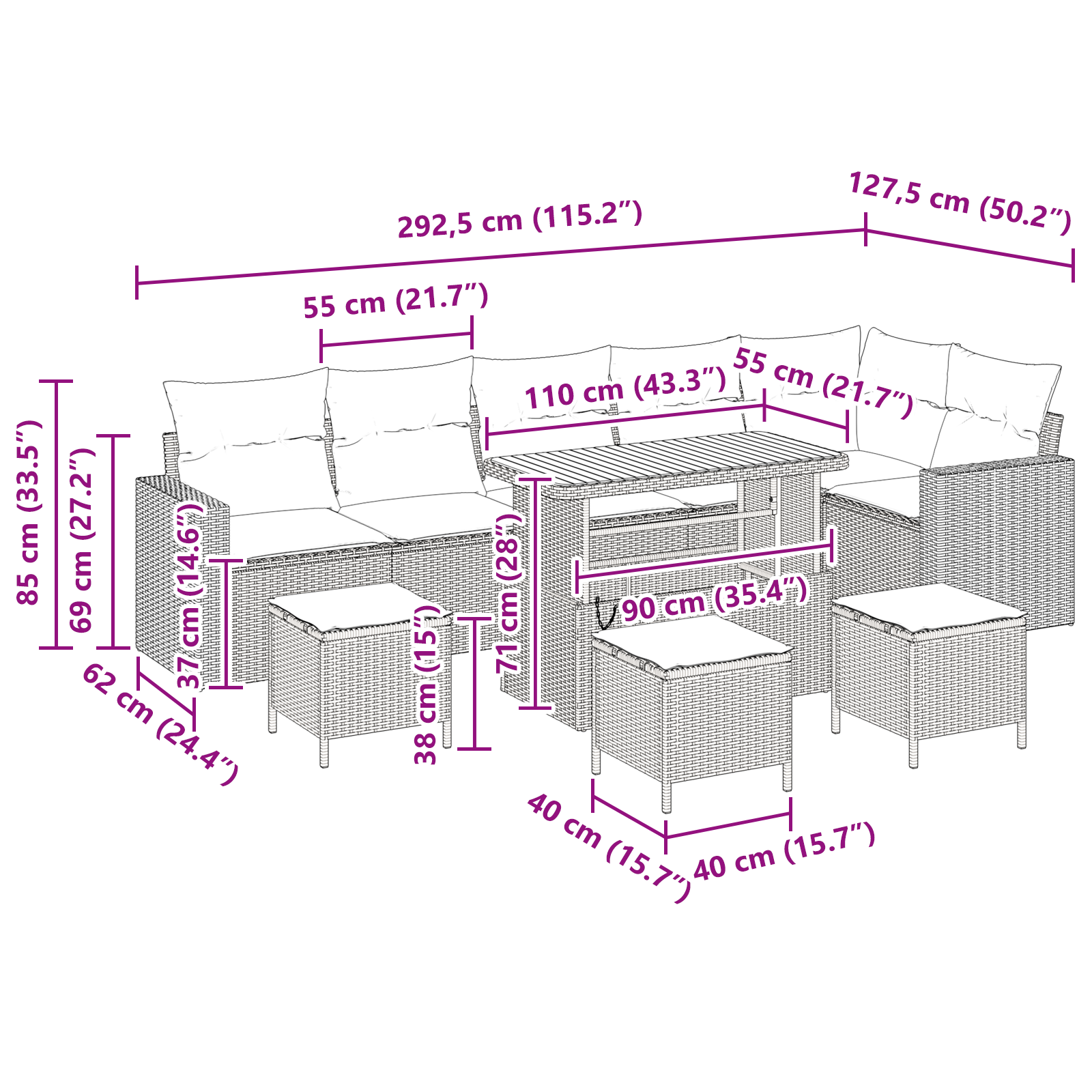Set Divano Giardino 10 Pezzi con Cuscini Beige Polyrattan Acacia
