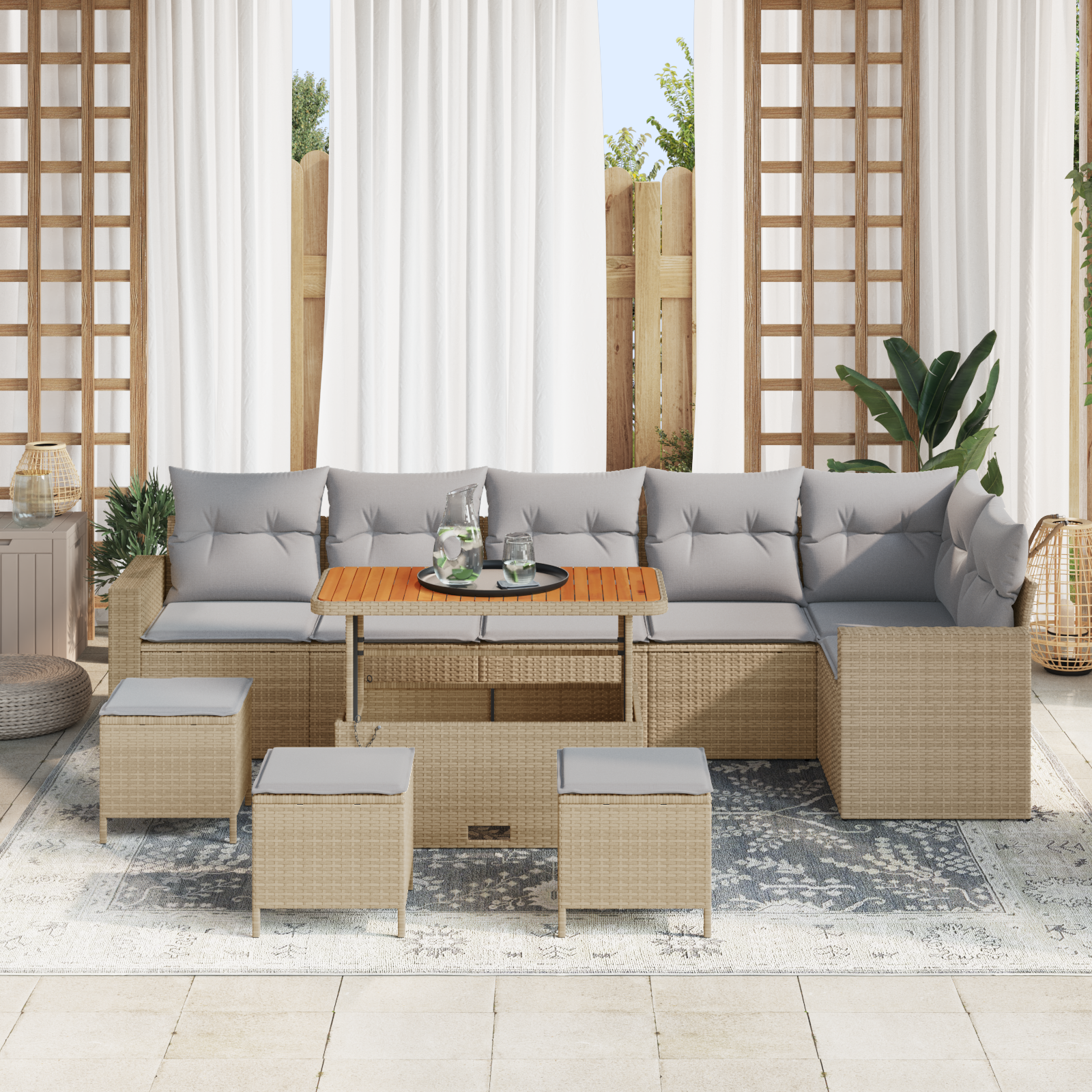 Set Divano Giardino 10 Pezzi con Cuscini Beige Polyrattan Acacia