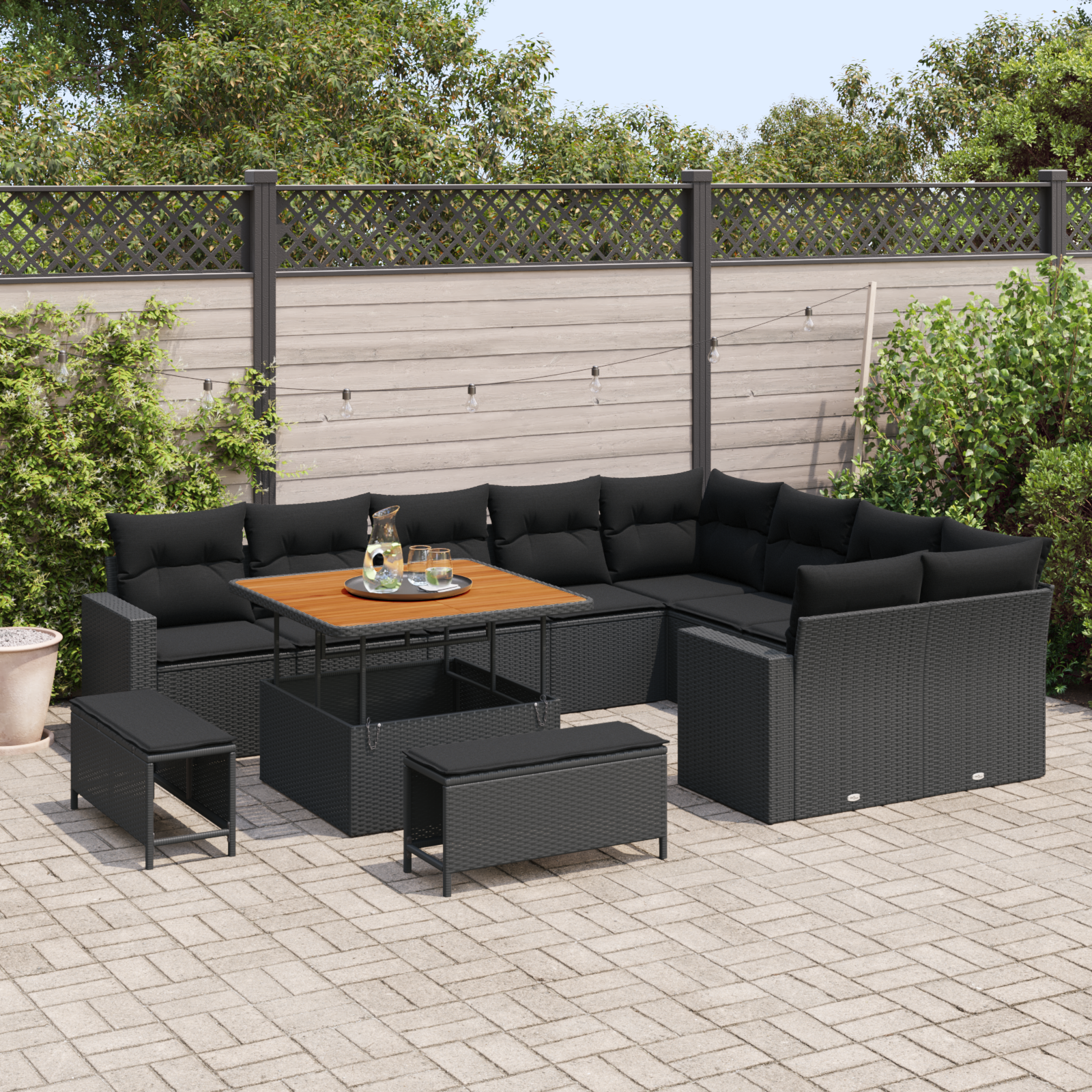 Set Divano Giardino  da 12 Pezzi con Cuscini Nero Rattan PE Acacia
