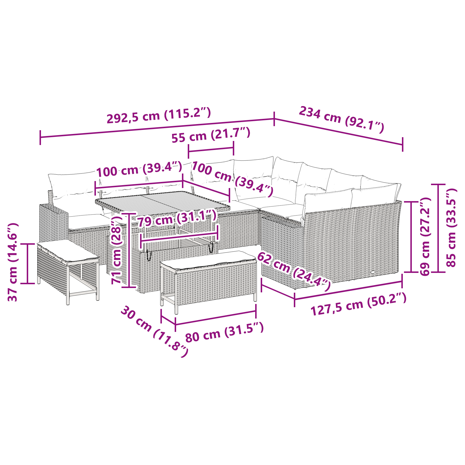 Set Divano Giardino  da 12 Pezzi con Cuscini Nero Rattan PE Acacia