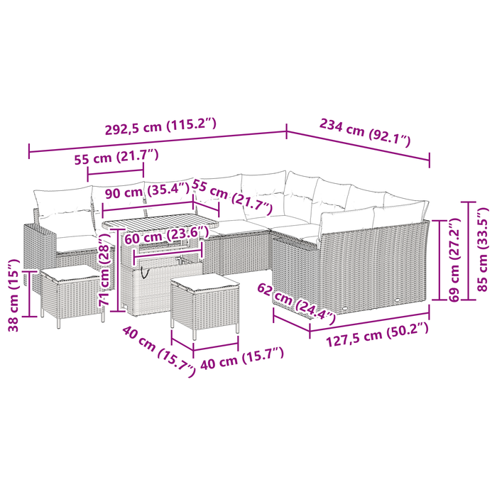 Set Divano da Giardino  12 Pezzi con Cuscini Nero Polirattan Acacia
