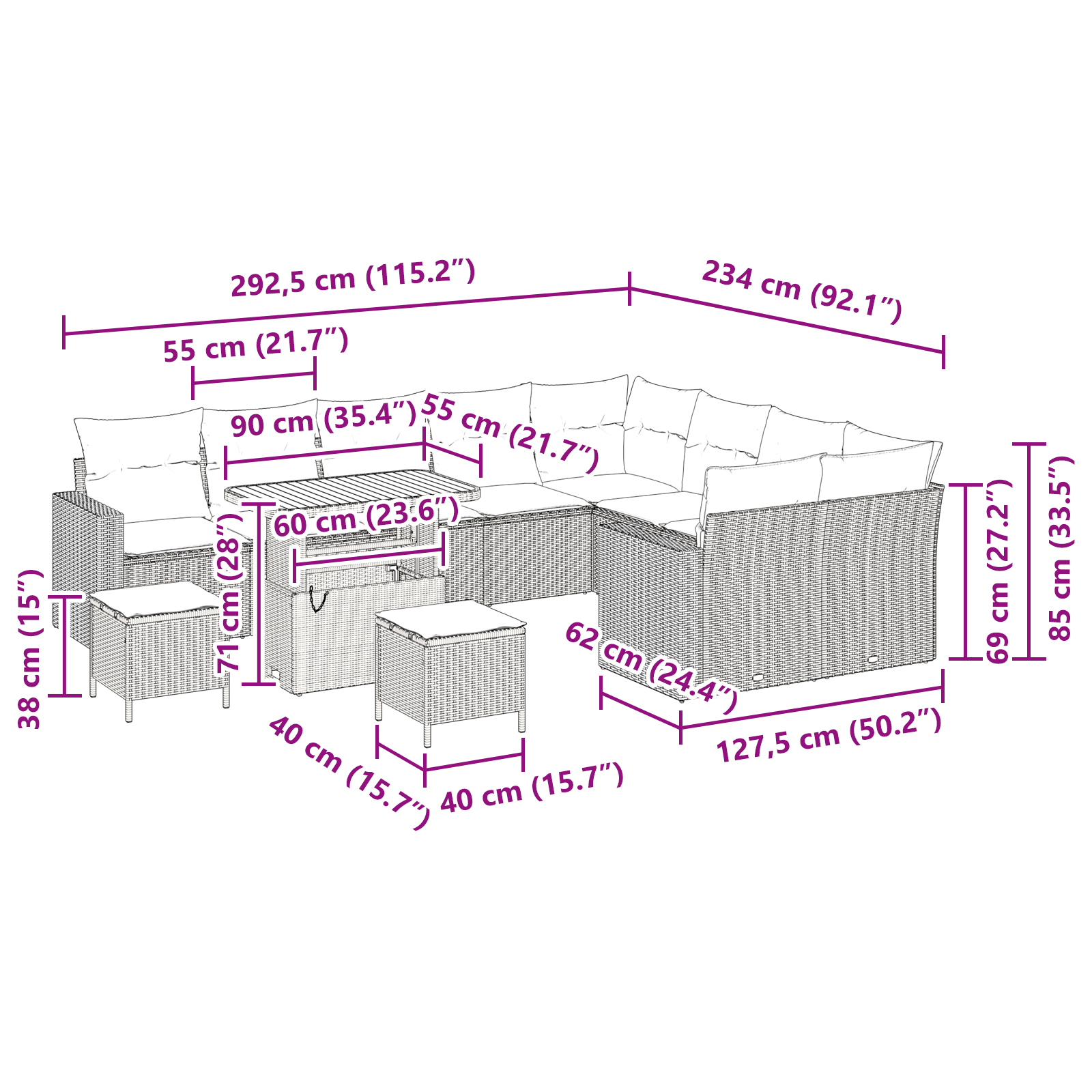Set di Divano da Giardino  di 12 Pezzi con Cuscini in Rattan Polietilene Beige