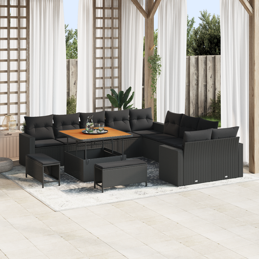 Set divano da giardino  13 pezzi con cuscini Polyrattan nero Acacia