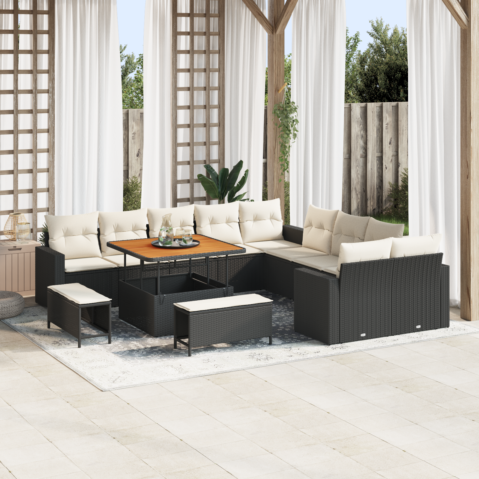Set di divani da giardino  da 13 pezzi con cuscini in polyrattan nero e acacia